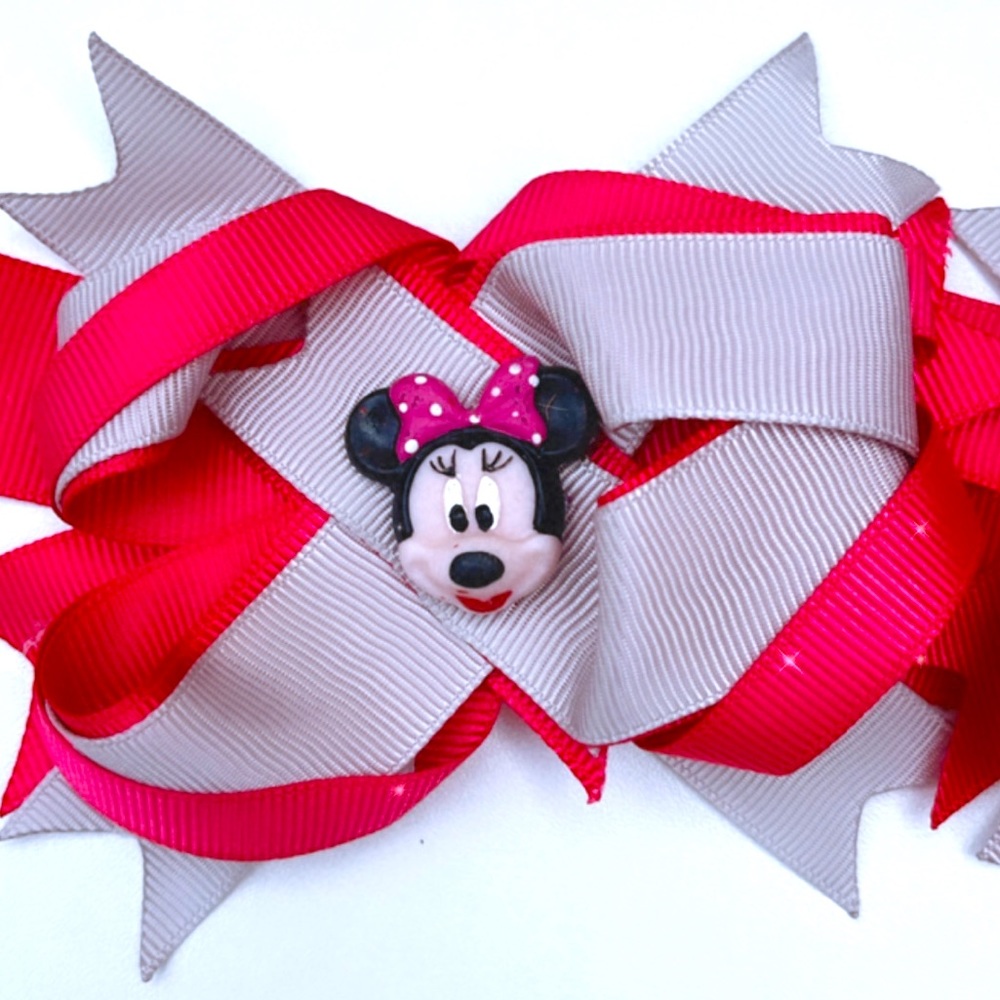Pair of red bows with gray face of mini mouse for elegant girl all occacion.